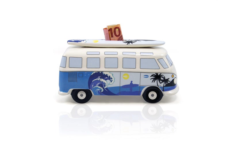 BRISA VW Collection - Volkswagen Savings Bank Piggy Bank Money Coin Box with Surfboard in T1 Bus Samba Design (Surf/Blue) - Image 5